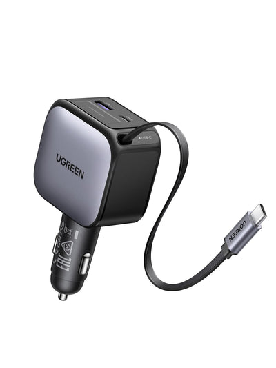 UGREEN Nexode 60W Fast Car Charger with Retractable USB-C Cable – 3 Outputs, PD 3.0 (EC602 / 55212B)