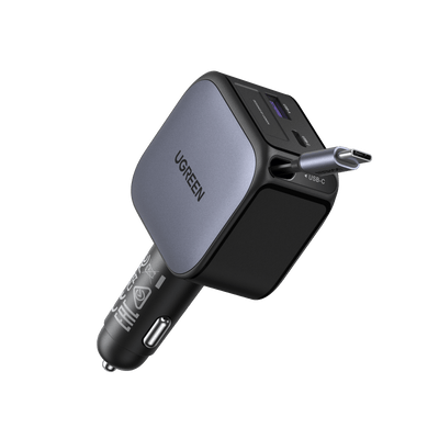 UGREEN Nexode 60W Fast Car Charger with Retractable USB-C Cable – 3 Outputs, PD 3.0 (EC602 / 55212B)