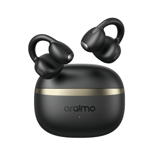 Oraimo OpenSnap OPN-373 open-ear clip-on wireless earbuds, black, white background