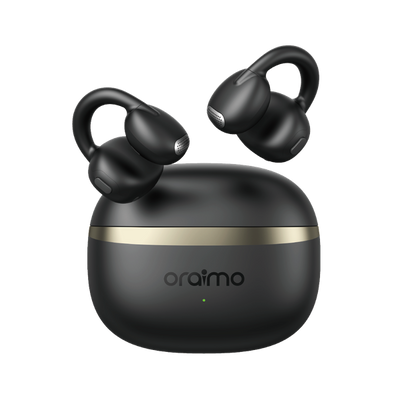 Oraimo OpenSnap OPN-373 open-ear clip-on wireless earbuds, black, white background