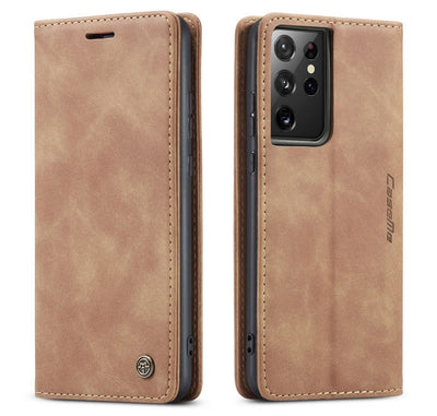 Samsung Galaxy S21 Ultra CaseMe Leather Wallet Flip Case – Magnetic Cover with Card Slot & Kickstand | Brown