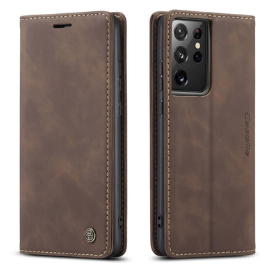 Samsung Galaxy S21 Ultra CaseMe Leather Wallet Flip Case – Magnetic Cover with Card Slot & Kickstand | Coffee