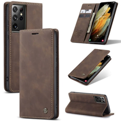 Samsung Galaxy S21 Ultra CaseMe Leather Wallet Flip Case – Magnetic Cover with Card Slot & Kickstand | Coffee
