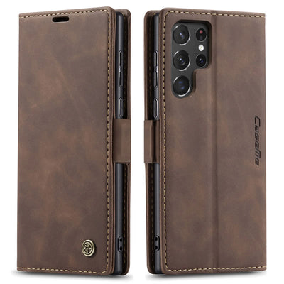 Samsung Galaxy S22 Ultra CaseMe Leather Wallet Flip Case – Magnetic Cover with Card Slot & Kickstand | Coffee