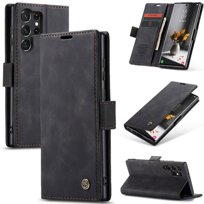 Samsung Galaxy S23 Ultra CaseMe Leather Wallet Flip Case – Magnetic Cover with Card Slot & Kickstand | Black