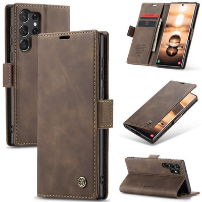 Samsung Galaxy S23 Ultra CaseMe Leather Wallet Flip Case – Magnetic Cover with Card Slot & Kickstand | Coffee