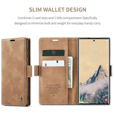 Samsung Galaxy S25 Ultra CaseMe Leather Wallet Flip Case – Magnetic Cover with Card Slot & Kickstand | Brown