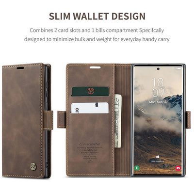 Samsung Galaxy S25 Ultra CaseMe Leather Wallet Flip Case – Magnetic Cover with Card Slot & Kickstand | Coffee