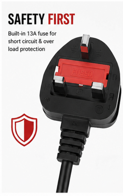 Desktop / Monitor Power Cable – Black (UK 3-Pin to IEC C13 Kettle Lead, Fused)